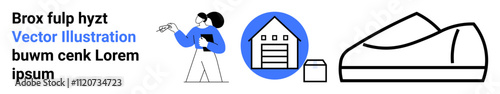 Figure of a woman pointing at geometric shapes, blue and black color scheme, house with garage, shoe outline. Ideal for real estate, presentations, education, marketing, websites, apps. Landing page