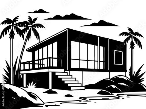 detailed illustration of a minimalist beachside house with large windows overlooking the sea