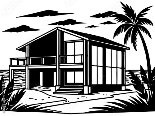 detailed illustration of a minimalist beachside house with large windows overlooking the sea