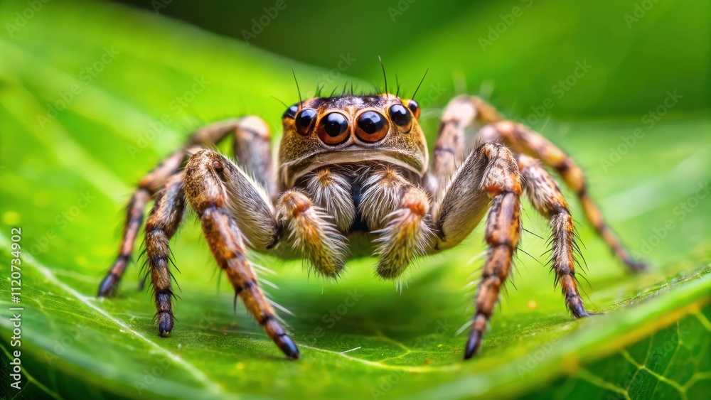 Close-up of a spider crawling on a vibrant green leaf , spider, insect, nature, macro, close-up, arachnid, wildlife, foliage Close-up of a spider crawling on a vibrant green leaf , spider, insect, nature, macro, close-up, arachnid, wildlife, foliage