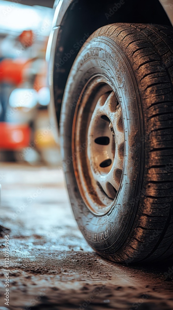 Close-up of a worn car tire on a garage floor, showcasing texture and detail. Close-up of a worn car tire on a garage floor, showcasing texture and detail.