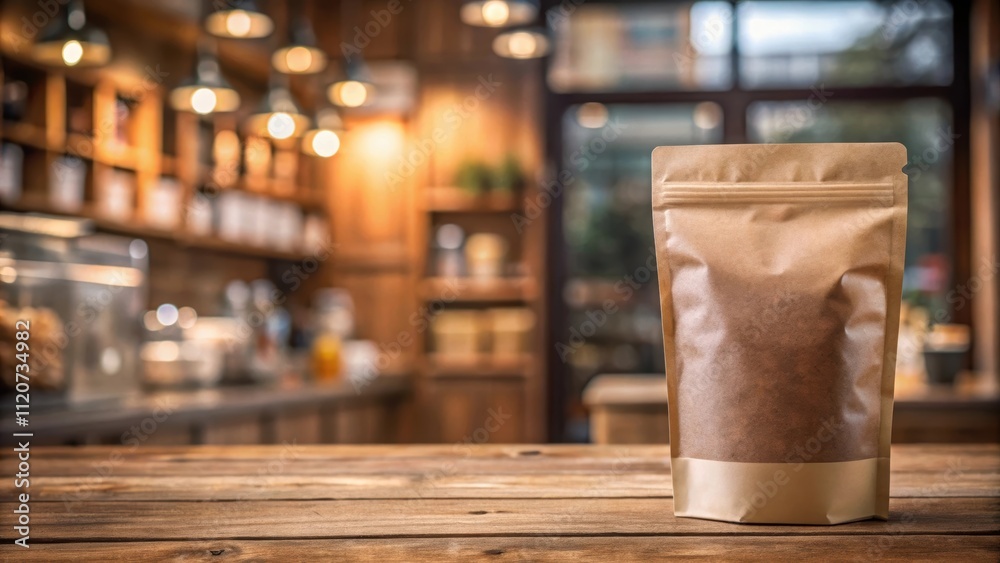 Mockup of craft doypack with coffee, tea or spices on blurred coffee shop background , craft, doypack, coffee, tea Mockup of craft doypack with coffee, tea or spices on blurred coffee shop background , craft, doypack, coffee, tea