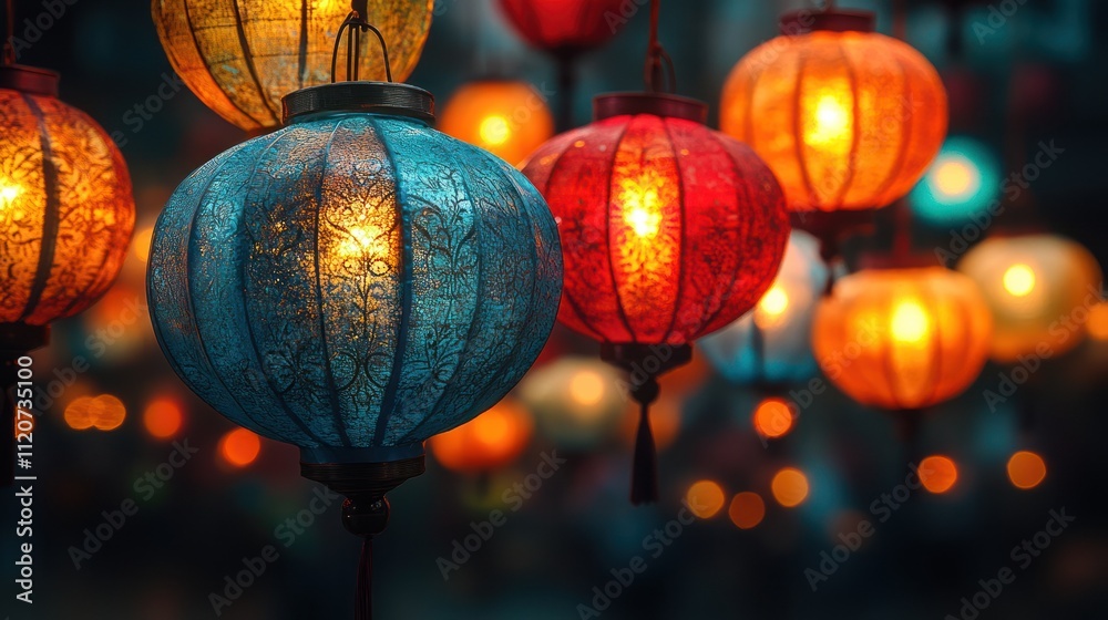 Illuminated paper lanterns hanging, glowing at night. Illuminated paper lanterns hanging, glowing at night.