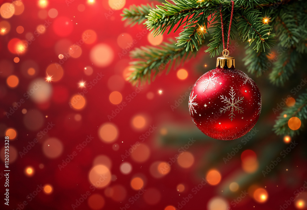 Christmas background In Red Shiny Glittering - Baubles Hanging Lights with copy space
