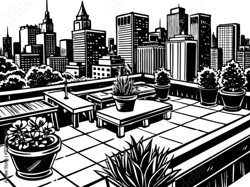 detailed illustration of a quiet rooftop garden with views of a sprawling urban skyline.