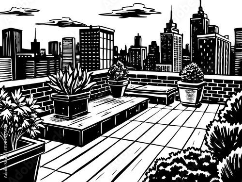 detailed illustration of a quiet rooftop garden with views of a sprawling urban skyline.