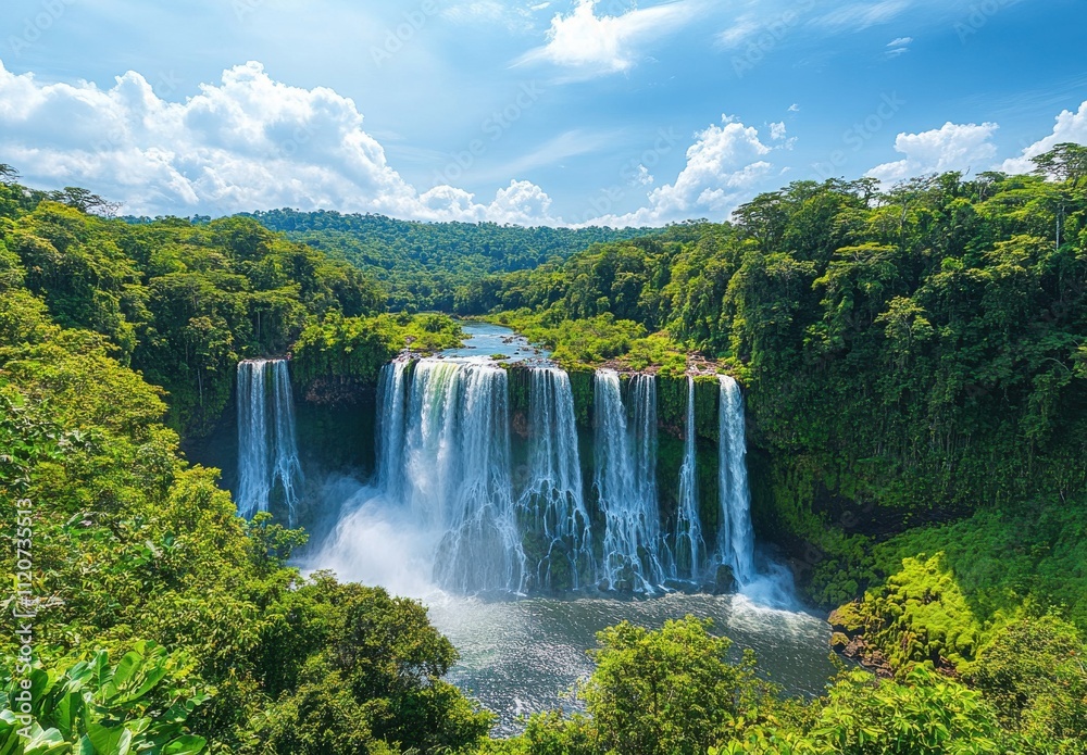 Fototapeta premium Majestic Waterfall Cascading Through Lush Green Jungle in a Bright Blue Sky, Showcasing Nature's Beauty and Tranquility in a Serene Landscape