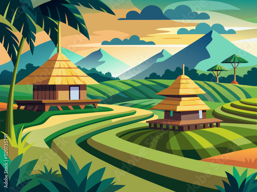 detailed illustration of a serene rice terrace with traditional huts in the distance.