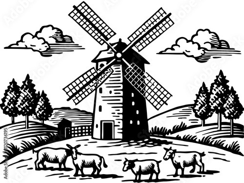 detailed illustration of a traditional windmill surrounded by grazing sheep on a green meadow.