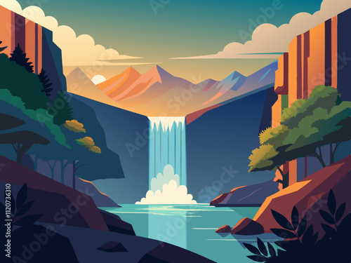 detailed illustration of a tranquil waterfall cascading into a clear, reflective pool.