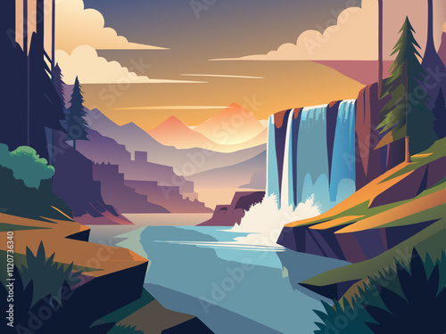 detailed illustration of a tranquil waterfall cascading into a clear, reflective pool.