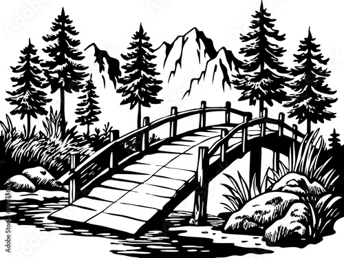 detailed illustration of a wooden bridge spanning a misty forest stream.