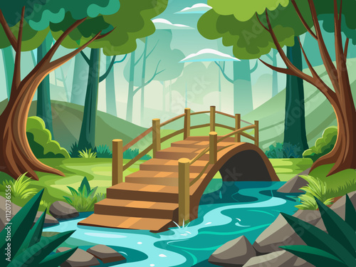 detailed illustration of a wooden bridge spanning a misty forest stream.