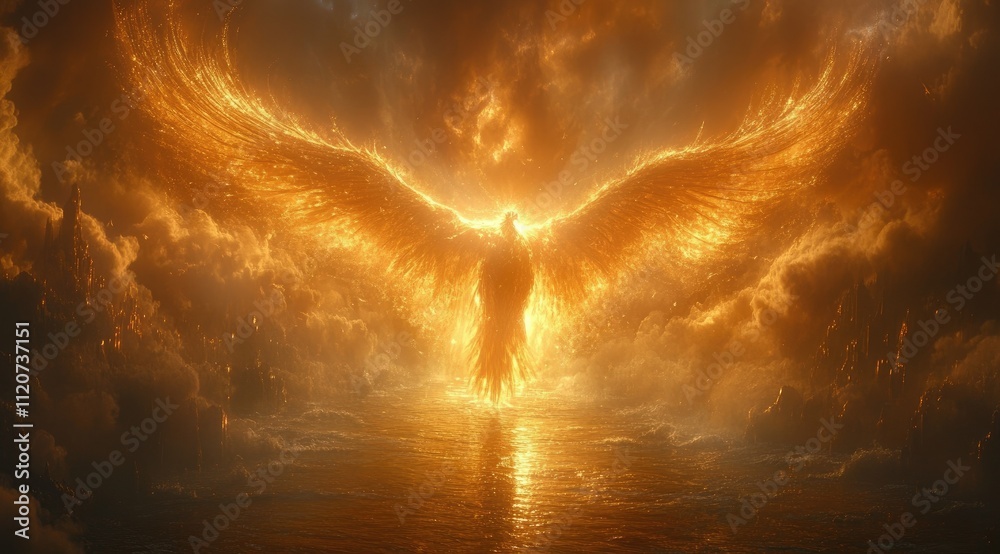 Fiery phoenix rising from water, surrounded by clouds and golden light. Fiery phoenix rising from water, surrounded by clouds and golden light.