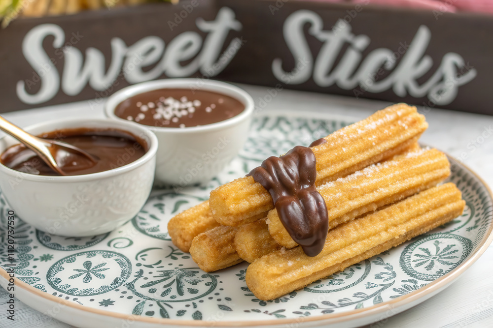 Delicious churros served with chocolate dipping sauce, perfect for sharing! Delicious churros served with chocolate dipping sauce, perfect for sharing!
