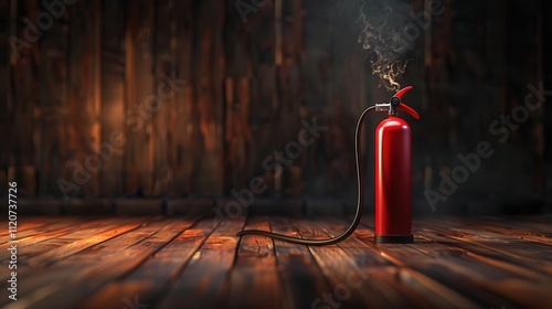 Red Fire Extinguisher on Wooden Floor with Smoke Effect photo