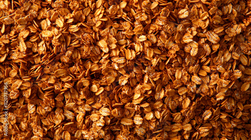 close up of granola with rich, golden brown texture, showcasing crunchy oats and grains. Perfect for breakfast or healthy snack, this highlights natural ingredients