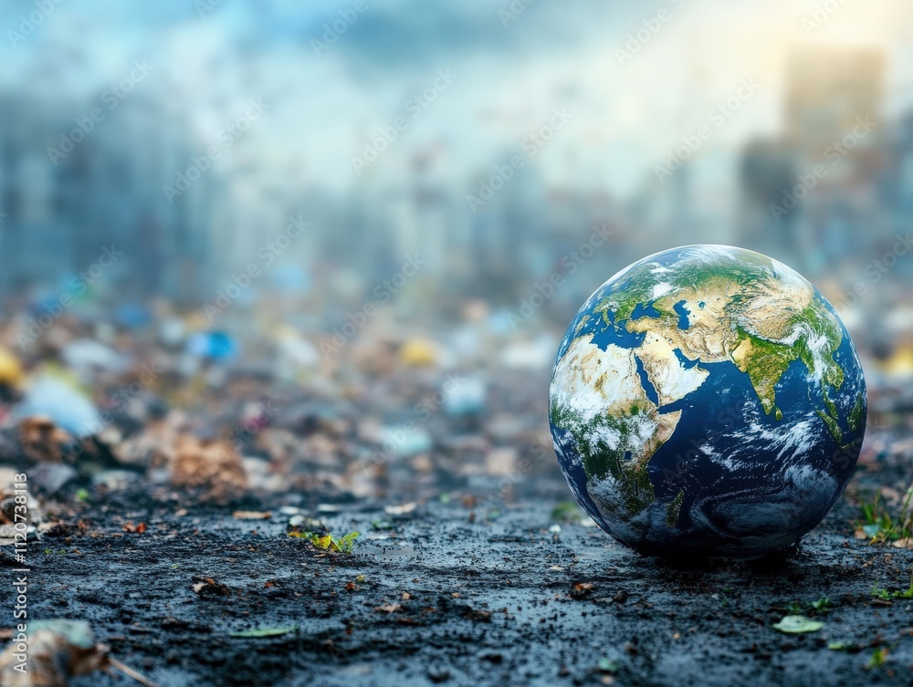 a beautiful green and blue planet earth globe in the garbage heap with beautiful blue sky, environmental and ecology concept a beautiful green and blue planet earth globe in the garbage heap with beautiful blue sky, environmental and ecology concept