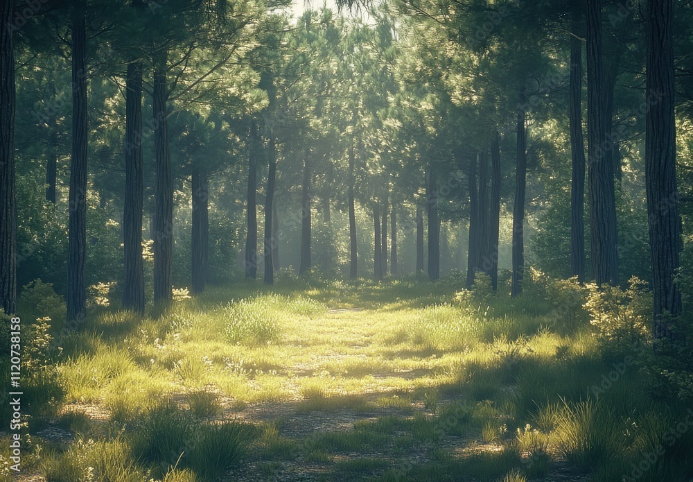Serene Forest Pathway Surrounded by Lush Greenery and Tall Trees, Bathed in Soft Sunlight, Creating a Tranquil and Peaceful Atmosphere for Nature Lovers and Hikers Serene Forest Pathway Surrounded by Lush Greenery and Tall Trees, Bathed in Soft Sunlight, Creating a Tranquil and Peaceful Atmosphere for Nature Lovers and Hikers