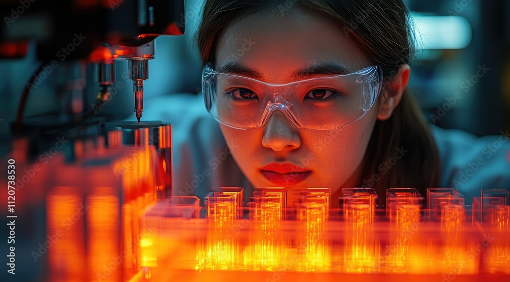 Focused scientist in lab coat examines samples in illuminated test tubes. Focused scientist in lab coat examines samples in illuminated test tubes.