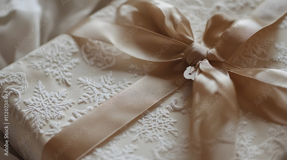Close-up of an elegantly wrapped gift. Creamy box with snowflake pattern, adorned with a beige satin ribbon tied in a bow. Delicate and luxurious. Close-up of an elegantly wrapped gift. Creamy box with snowflake pattern, adorned with a beige satin ribbon tied in a bow. Delicate and luxurious.