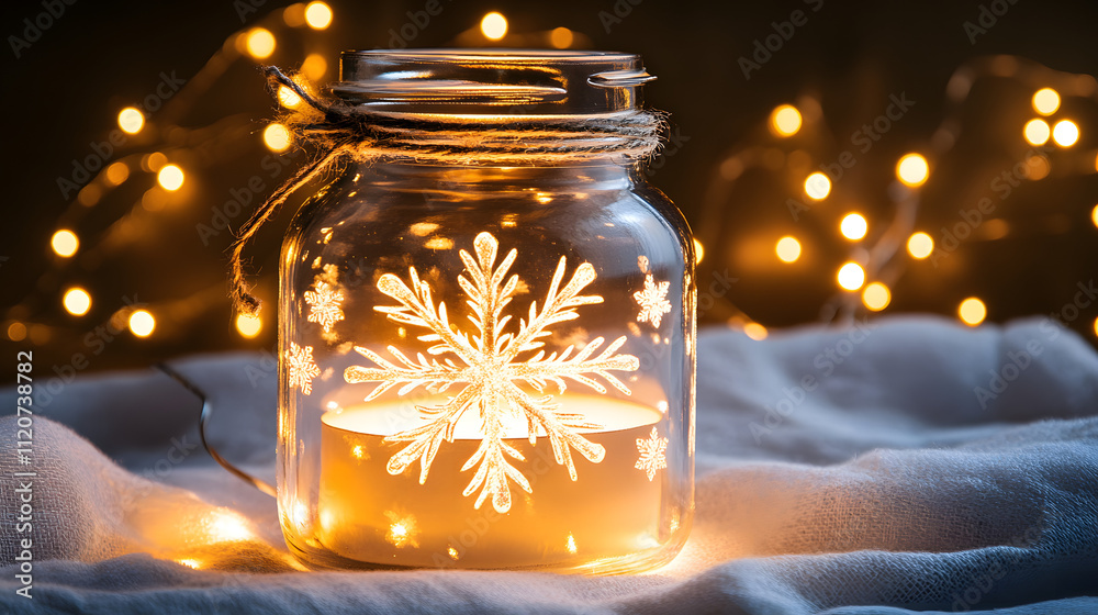 A mason jar with a snowflake design glows warmly, illuminated from within. Fairy lights create a magical bokeh background, resting on soft fabric. Perfect for a cozy winter scene. A mason jar with a snowflake design glows warmly, illuminated from within. Fairy lights create a magical bokeh background, resting on soft fabric. Perfect for a cozy winter scene.