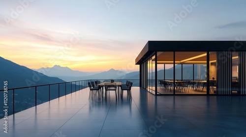 Sleek container dining room exterior with black steel panels, spacious patio, and sunset over the mountains