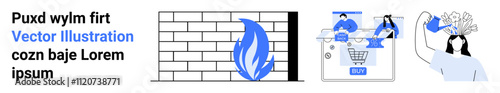 Brick wall with blue fire, two people conducting online shopping, woman brainstorming with gears above head. Ideal for business, creativity, security, marketing, e-commerce, tech brainstorming