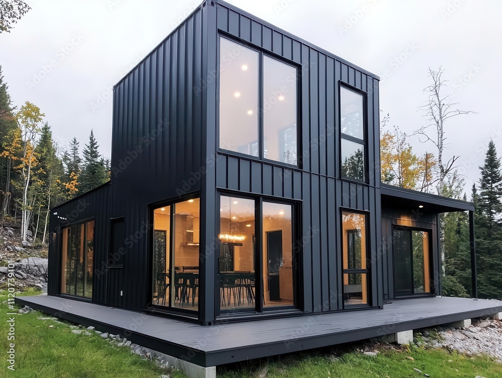 Compact container dining room exterior with dark wood panels, rooftop seating, and view of the ocean Compact container dining room exterior with dark wood panels, rooftop seating, and view of the ocean