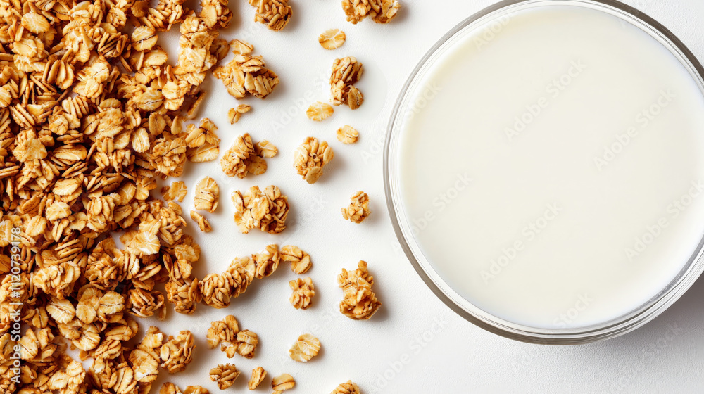 Granola clusters scattered beside bowl of milk, showcasing healthy breakfast option. top view highlights texture and color contrast between granola and milk Granola clusters scattered beside bowl of milk, showcasing healthy breakfast option. top view highlights texture and color contrast between granola and milk