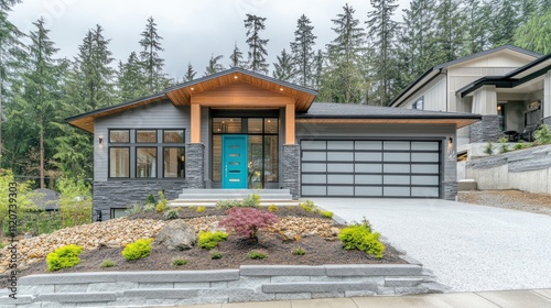 Modern house with teal door, stone accents, and landscaped yard.