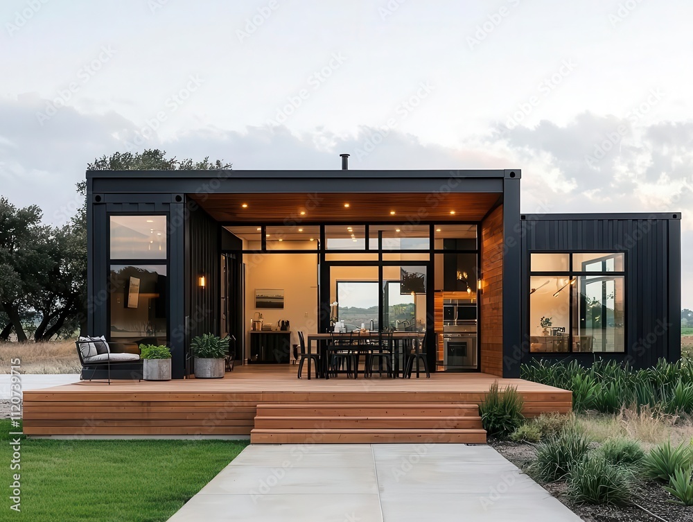 Modern container dining room exterior with steel and wood, large windows, and serene countryside surroundings Modern container dining room exterior with steel and wood, large windows, and serene countryside surroundings