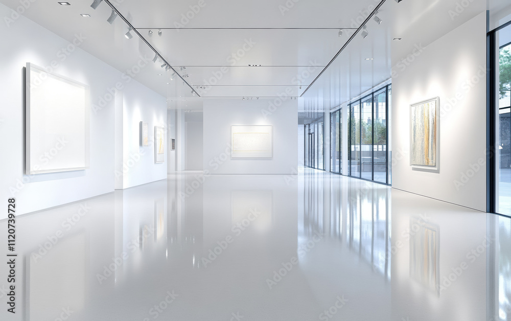 Modern Art Gallery with White Walls and Reflective Floor Modern Art Gallery with White Walls and Reflective Floor