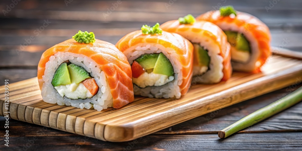 Close-up of fresh salmon and avocado sushi rolls on a rustic wooden cutting board, sushi, salmon, avocado, Japanese cuisine Close-up of fresh salmon and avocado sushi rolls on a rustic wooden cutting board, sushi, salmon, avocado, Japanese cuisine