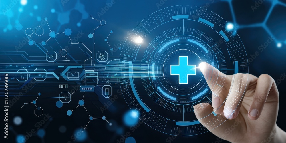 Futuristic Medical Technology Interface with Hand Touching Plus Symbol Futuristic Medical Technology Interface with Hand Touching Plus Symbol