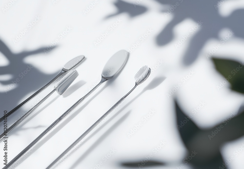 Silver Dental Instruments on White Surface Surrounded by Shadows and Leaf Patterns Creating an Artistic and Minimalist Aesthetic for Healthcare and Hygienic Themes Silver Dental Instruments on White Surface Surrounded by Shadows and Leaf Patterns Creating an Artistic and Minimalist Aesthetic for Healthcare and Hygienic Themes