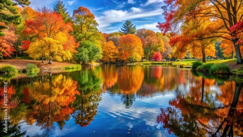 Vibrant fall foliage reflecting in a tranquil pond in a park , Autumn, beautiful, colorful, foliage, trees, leaves, tranquil