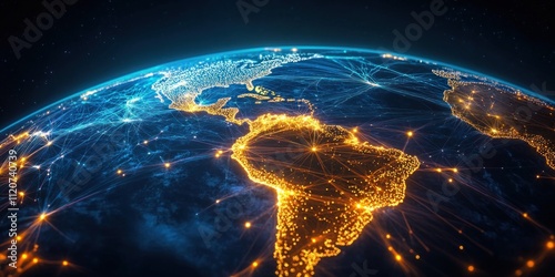 Futuristic Earth from Space Digital Art Depicting South America Data Connections and Global Network