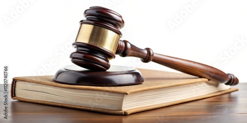 Judge gavel resting on open law book , judge, gavel, law book, court, legal, justice, symbol, wooden, desk