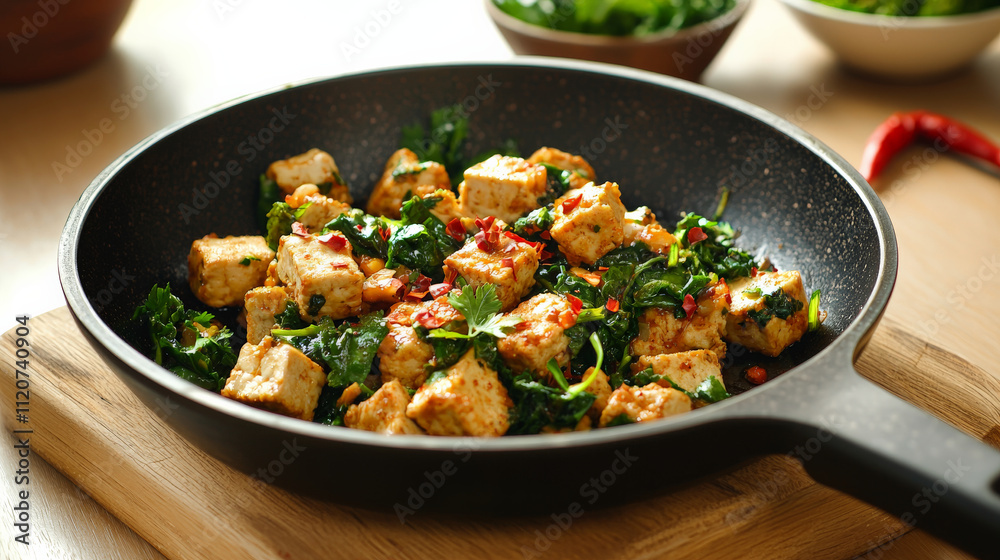 Spicy tofu scramble with red pepper flakes and fresh greens in skillet. vibrant dish is garnished with herbs, creating colorful and appetizing meal perfect for healthy diet Spicy tofu scramble with red pepper flakes and fresh greens in skillet. vibrant dish is garnished with herbs, creating colorful and appetizing meal perfect for healthy diet