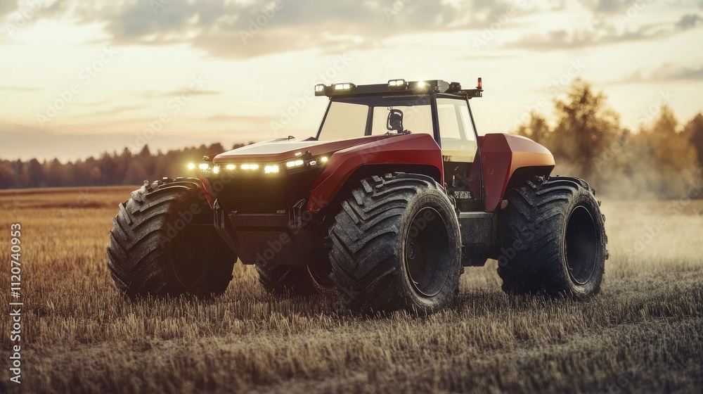 Fototapeta premium Futuristic red tractor driving across harvested field at sunset.