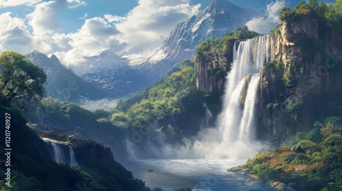 Majestic Waterfall Cascading into Lush Valley - Fantasy Landscape
