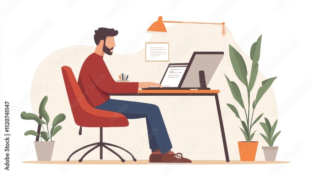 Man Working at Home Office Desk Man Working at Home Office Desk