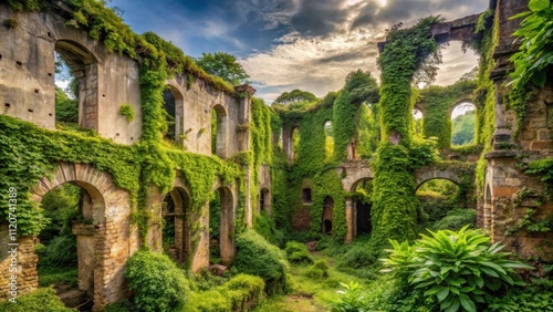 Crumbling ruins being overtaken by lush green tendrils, abandoned, ancient, decay, overgrown, nature, growth