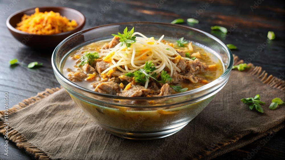 A bowl of soto kwali kartosuro soup with bean sprouts A bowl of soto kwali kartosuro soup with bean sprouts