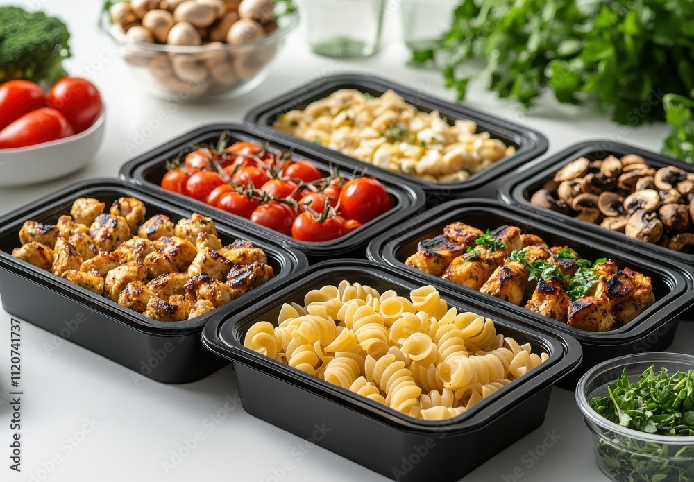 Obraz premium Variety of Freshly Prepared Meals in Black Containers with Colorful Vegetables and Pasta, Showcasing Healthy Eating Options and Meal Prepping Ideas for Nutrition Enthusiasts