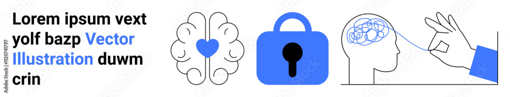 Human brain with heart, padlock symbolizing security, and hand gesture pointing at brain. Ideal for mental health, security, cognitive science, data privacy, therapy, medical education, mind mapping Human brain with heart, padlock symbolizing security, and hand gesture pointing at brain. Ideal for mental health, security, cognitive science, data privacy, therapy, medical education, mind mapping