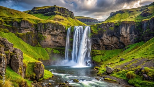 Powerful waterfall in southwest Iceland, surrounded by lush greenery and striking cliffs, Iceland, Europe, waterfall, powerful