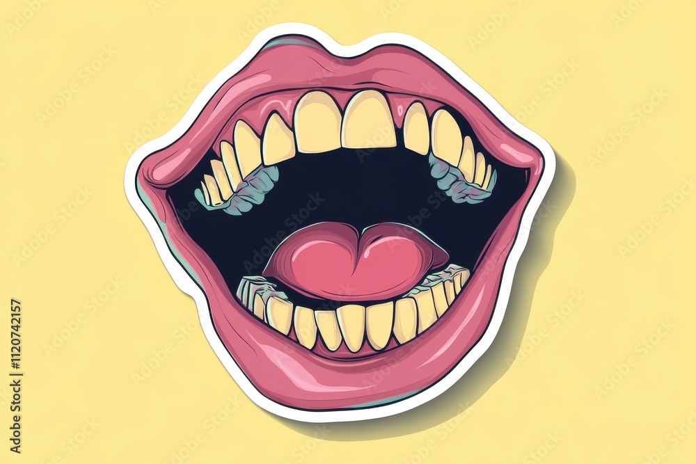 Vibrant Illustration of a Mouth with Exposed Teeth and Bold Colors on a Soft Yellow Background for Creative and Artistic Projects Vibrant Illustration of a Mouth with Exposed Teeth and Bold Colors on a Soft Yellow Background for Creative and Artistic Projects