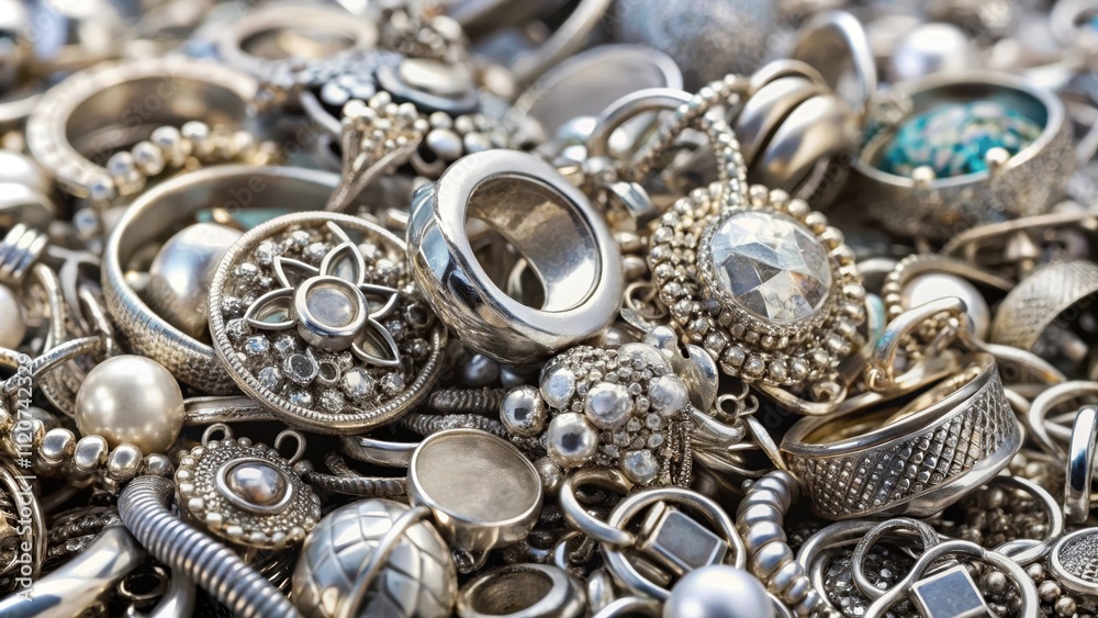 Mixed silver jewelry pile , silver, jewelry, pile, mixed, rings, earrings, necklaces, bracelets, metallic, shiny Mixed silver jewelry pile , silver, jewelry, pile, mixed, rings, earrings, necklaces, bracelets, metallic, shiny